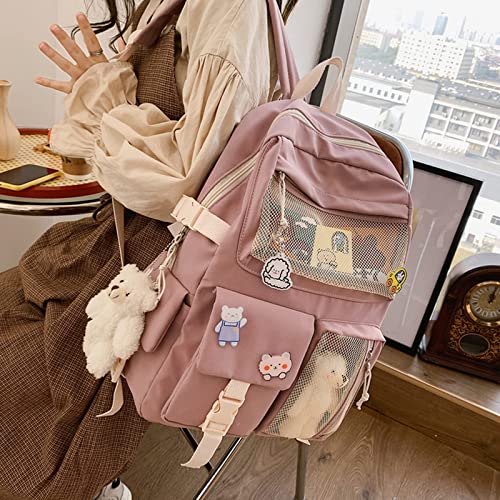 Zitouryo Kids Backpacks for Girls, Kawaii Backpack, Cute Bear Plush Pin Accessories Aesthetic School Bag for College Middle for Girls Teen (Pink Bookbag)