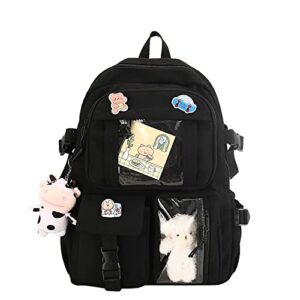 thanps kawaii backpack with cute pin accessories and plush pendant cute aesthetic backpacks for school bag girl backpack (black)