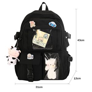 Thanps Kawaii Backpack with Cute Pin Accessories and Plush Pendant Cute Aesthetic Backpacks for School Bag Girl Backpack (Black)