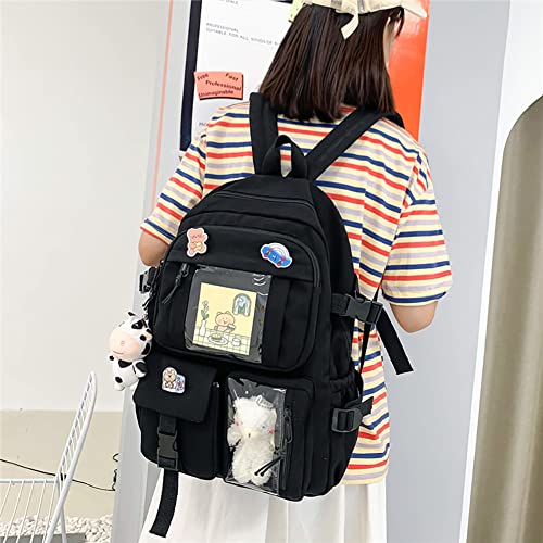 Thanps Kawaii Backpack with Cute Pin Accessories and Plush Pendant Cute Aesthetic Backpacks for School Bag Girl Backpack (Black)