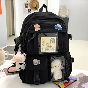 Thanps Kawaii Backpack with Cute Pin Accessories and Plush Pendant Cute Aesthetic Backpacks for School Bag Girl Backpack (Black)