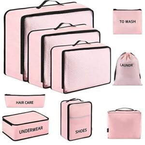 ougrand 9 set packing cubes luggage packing organizers for travel accessories space saving travel bags for carry on, lightweight mesh zipper, clothes, shoes, laundry and shoe bag, suitcases (pink)