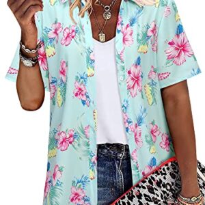 ZXZY Women Summer Hawaii Shirts Soft Cool Floral Tropic Print Short Sleeve Button Up Tops T-Shirt Light Green