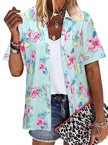 ZXZY Women Summer Hawaii Shirts Soft Cool Floral Tropic Print Short Sleeve Button Up Tops T-Shirt Light Green