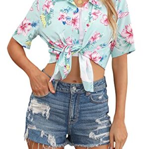 ZXZY Women Summer Hawaii Shirts Soft Cool Floral Tropic Print Short Sleeve Button Up Tops T-Shirt Light Green