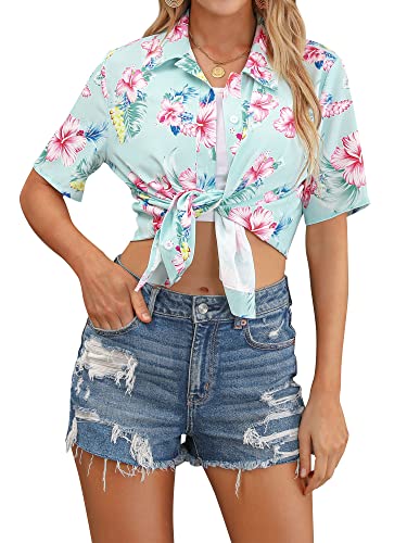 ZXZY Women Summer Hawaii Shirts Soft Cool Floral Tropic Print Short Sleeve Button Up Tops T-Shirt Light Green