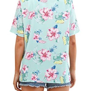 ZXZY Women Summer Hawaii Shirts Soft Cool Floral Tropic Print Short Sleeve Button Up Tops T-Shirt Light Green