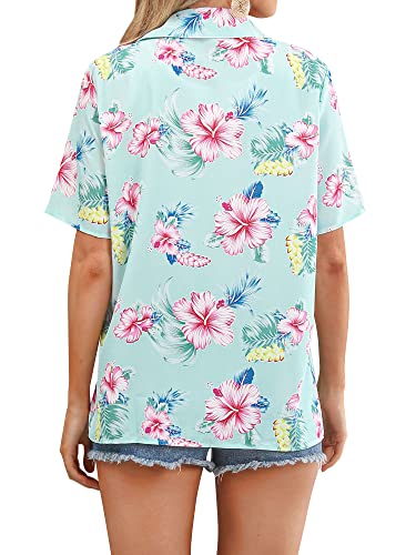 ZXZY Women Summer Hawaii Shirts Soft Cool Floral Tropic Print Short Sleeve Button Up Tops T-Shirt Light Green