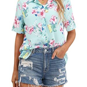 ZXZY Women Summer Hawaii Shirts Soft Cool Floral Tropic Print Short Sleeve Button Up Tops T-Shirt Light Green