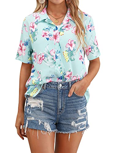 ZXZY Women Summer Hawaii Shirts Soft Cool Floral Tropic Print Short Sleeve Button Up Tops T-Shirt Light Green