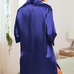 Samring Silk Satin Nightgowns For Women Button Down Pajamas Dress 3/4 Sleeve Sleepwear Navy Blue L