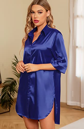 Samring Silk Satin Nightgowns For Women Button Down Pajamas Dress 3/4 Sleeve Sleepwear Navy Blue L