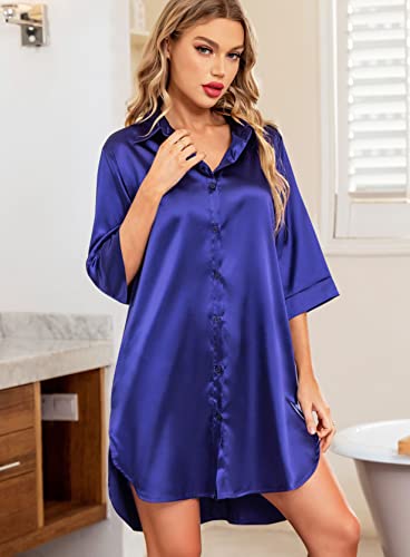 Samring Silk Satin Nightgowns For Women Button Down Pajamas Dress 3/4 Sleeve Sleepwear Navy Blue L