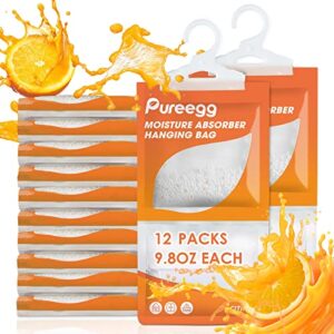 pureegg moisture absorbers hanging bag - 12 packs, citrus scent, odor absorber for narrow spaces, efficient humidity absorber for kitchens, basements, bathrooms, hanging closet odor eliminator