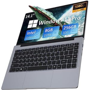 auusda laptop computer with 8gb ddr4 256gb ssd, intel celeron j4105 up to 2.5 ghz, 14.1" 1920x1080 ips lcd, webcam, mini hdmi, usb-a x 2, micro sd card slot, windows 11 pro, 3tb storage upgrades