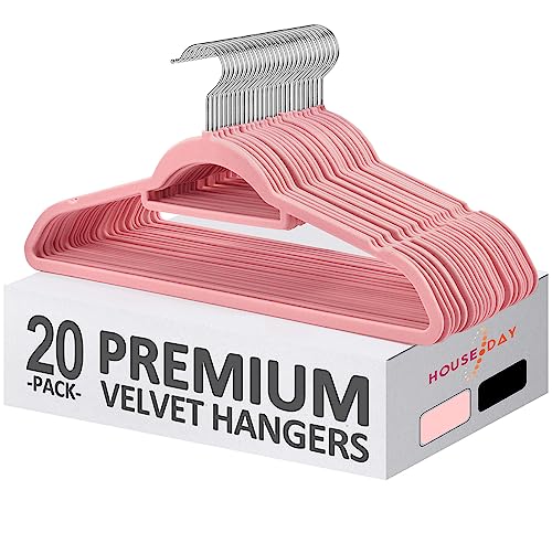 HOUSE DAY Velvet Hangers with Tie Bar 20 Pack Pink, Clothes Hangers Non-Slip, Space Saving Felt Hangers for Pants, Coat, Suits, Shirt, Scarf, No Hanger Marks