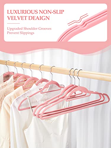 HOUSE DAY Velvet Hangers with Tie Bar 20 Pack Pink, Clothes Hangers Non-Slip, Space Saving Felt Hangers for Pants, Coat, Suits, Shirt, Scarf, No Hanger Marks