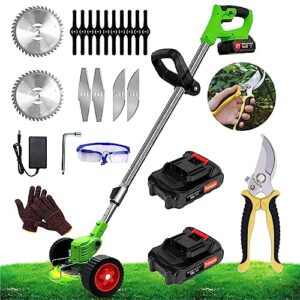24v electric weed eater cordless weed wacker 3-in-1 string trimmer with wheels, lawn edger brush cutter with 3 types blades, garden tools for garden and yard