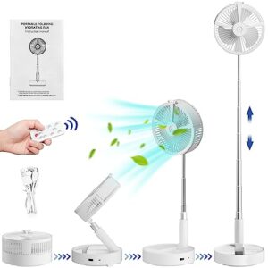 portable oscillating standing fan with remote control light, rechargeable fan small desk fan with misting timer 4 speeds 7200mah folding quiet usb fan personal floor fan pedestal fans for home bedroom