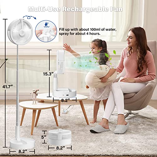 Portable Oscillating Standing Fan with Remote Control Light, Rechargeable Fan Small Desk Fan with Misting Timer 4 Speeds 7200mAh Folding Quiet USB Fan Personal Floor Fan Pedestal Fans for Home Bedroom