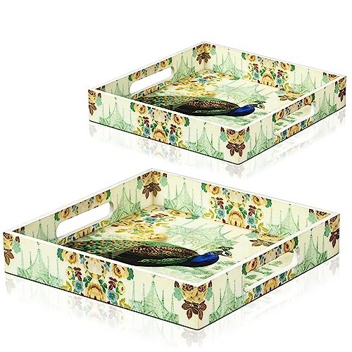 Serving Trays with Handle - Set of 2 - Large and Small Multipurpose MDF Square Tray Candle Holder Breakfast Tray Kitchen Countertop Ottoman Tray for Living Room Decorative Platter Coffee Table Tray