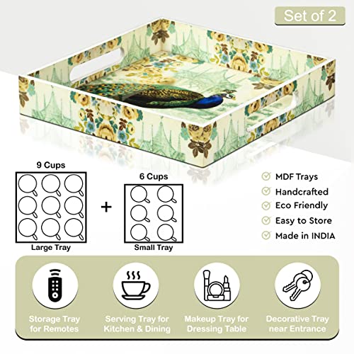 Serving Trays with Handle - Set of 2 - Large and Small Multipurpose MDF Square Tray Candle Holder Breakfast Tray Kitchen Countertop Ottoman Tray for Living Room Decorative Platter Coffee Table Tray