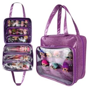 tuegher doll tote carrying case compatible with lol surprise dolls all, hanging organizer storage bag with 6 clear window pockets for girls, bag only (purple)