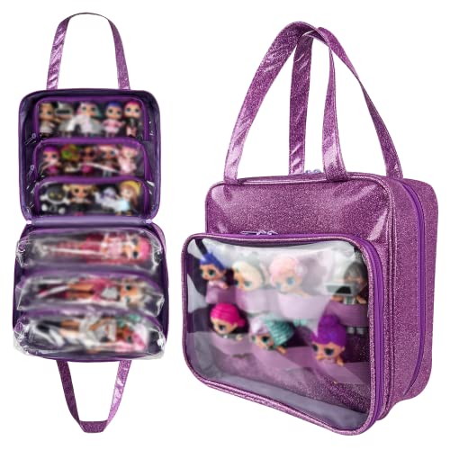 TUEGHER Doll Tote Carrying Case Compatible with LOL Surprise Dolls All, Hanging Organizer Storage Bag with 6 Clear Window Pockets for Girls, Bag Only (Purple)