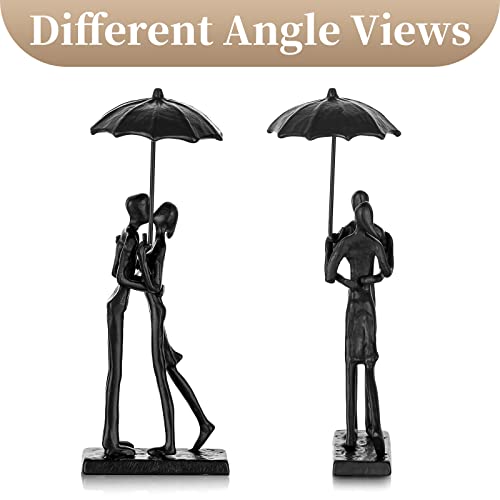 Sziqiqi Iron 6th Sculpture for Wife - Black Metal Couple Statue Kissing Under Umbrella Man Woman Sculpture Figurines for Shelf Mantel Fireplace Entry Bookshelf Television Room