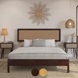 bme nipe (new) 14 inch deluxe bed frame with adjustable headboard - rustic & bohemian unique style with acacia wood - no box spring needed - 12 strong wood slat support - easy assembly - queen, walnut