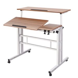 aiz adjustable rolling desk cart on wheels home office computer workstation, portable laptop tall table for standing or sitting, oak