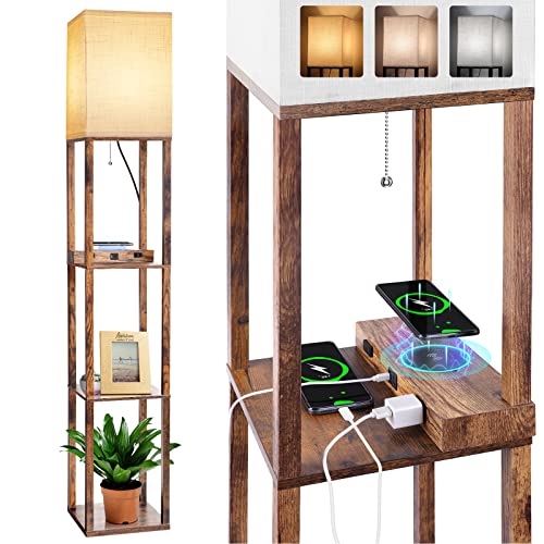 Dott Arts Floor Lamp with Shelves, Shelf Lamp with Wireless Charger & USB A+C Ports & 2 AC Outlets,3 Color Temperature Corner Brown Tall Standing Floor Lamps for Living Room, Bedroom, Office (Wood)