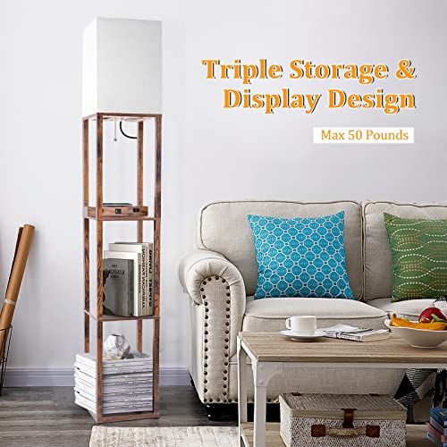 Dott Arts Floor Lamp with Shelves, Shelf Lamp with Wireless Charger & USB A+C Ports & 2 AC Outlets,3 Color Temperature Corner Brown Tall Standing Floor Lamps for Living Room, Bedroom, Office (Wood)