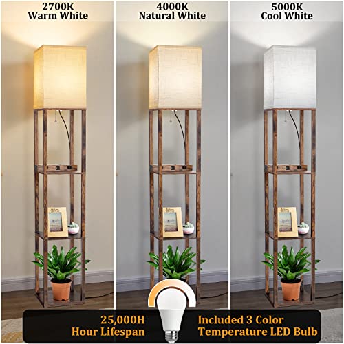 Dott Arts Floor Lamp with Shelves, Shelf Lamp with Wireless Charger & USB A+C Ports & 2 AC Outlets,3 Color Temperature Corner Brown Tall Standing Floor Lamps for Living Room, Bedroom, Office (Wood)