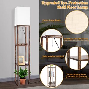 Dott Arts Floor Lamp with Shelves, Shelf Lamp with Wireless Charger & USB A+C Ports & 2 AC Outlets,3 Color Temperature Corner Brown Tall Standing Floor Lamps for Living Room, Bedroom, Office (Wood)