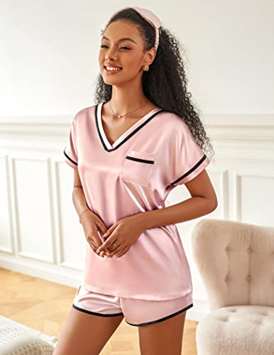 Ekouaer Ladies Silk Pajamas Set Satin V-Neck Pjs Soft Short Sleeve Nightwear with Shorts Pink