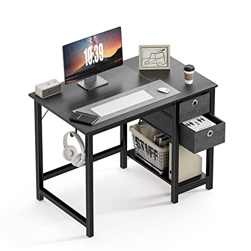 Computer Desk with Drawer 40 Inch Home Office Desk Writing Desk Work Desk PC Table Study Desk with 2-Tier Drawers Storage Shelf Headphone Hook, Modern Simple Style Laptop Desk for Bedroom, Gaming