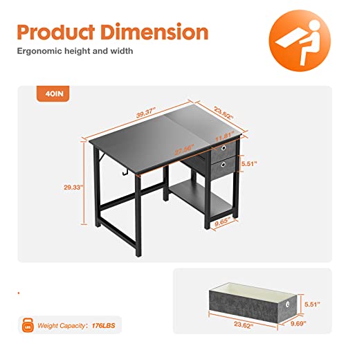 Computer Desk with Drawer 40 Inch Home Office Desk Writing Desk Work Desk PC Table Study Desk with 2-Tier Drawers Storage Shelf Headphone Hook, Modern Simple Style Laptop Desk for Bedroom, Gaming