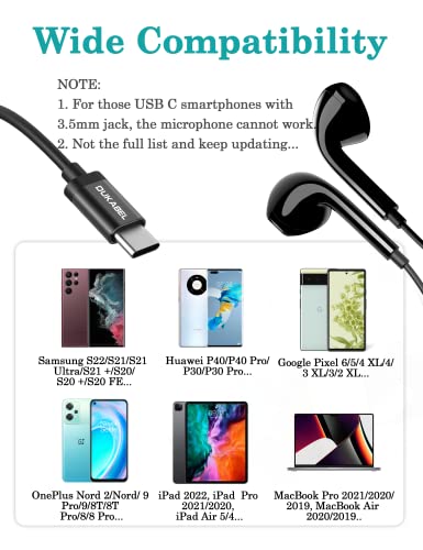 USB C Earphones, DUKABEL USB Type C Headphones with Microphone, 4FT USB C In-Ear Earbuds for Samsung S21 S22 S23 DAC Stereo USB C Wired Earbuds for Android Smartphone Galaxy S20 FE Note 20 Pixel 7 Pro