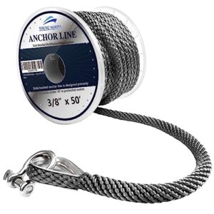 young marine made 3/8 inch 100ft 150ft premium solid braid mfp anchor line braided anchor rope/line with stainless steel thimble and shackle, grey (3/8" x 50')