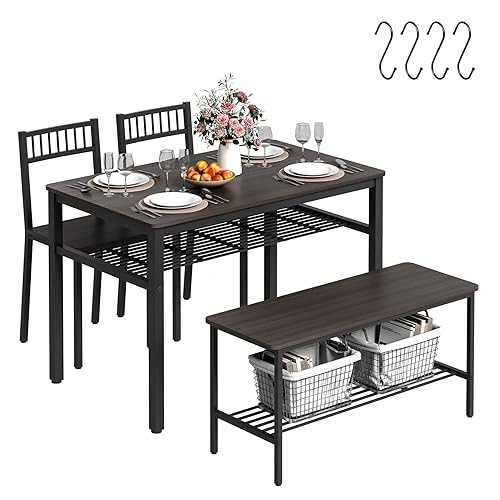 Bigbiglife Dining Table Set for 4, Kitchen Table with 2 Chairs and 1 Bench, Dining Table Set with 2 Storage Racks and 4 S-Hooks, Modern Design for Small Space Home Kitchen, Dark Grey