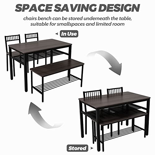 Bigbiglife Dining Table Set for 4, Kitchen Table with 2 Chairs and 1 Bench, Dining Table Set with 2 Storage Racks and 4 S-Hooks, Modern Design for Small Space Home Kitchen, Dark Grey