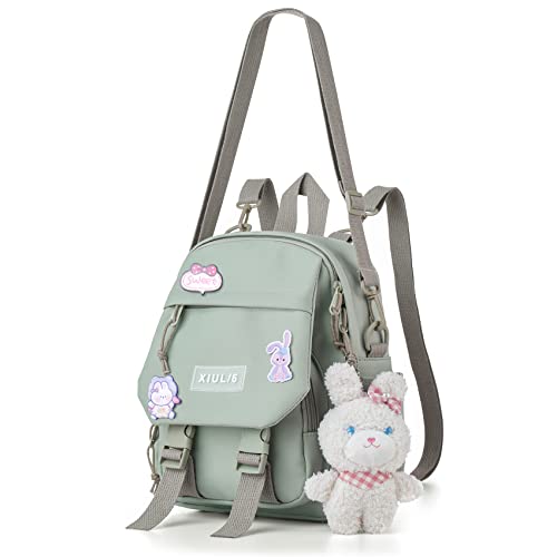 SUEBEKUE Cute Mini Backpacks with Kawaii Accessories,Small Travel Bag Shoulder Bag with Many Pockets,Aesthetic Small Backpack Teen Girls Women for Camping,Green