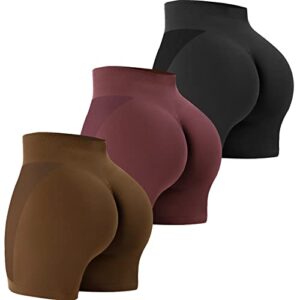 vvx 3 piece workout shorts womens seamless high waist butt lifting scrunch yoga gym shorts - black/brown/wine m