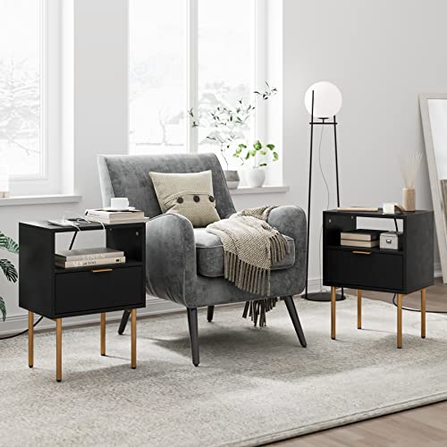 Masupu Nightstand with Charging Station,Mid-Century Modern Bedside Table with Storage Drawer and Open Wood Shelf,Small Gold Frame Side Table for Bedroom,Living Room (Black)