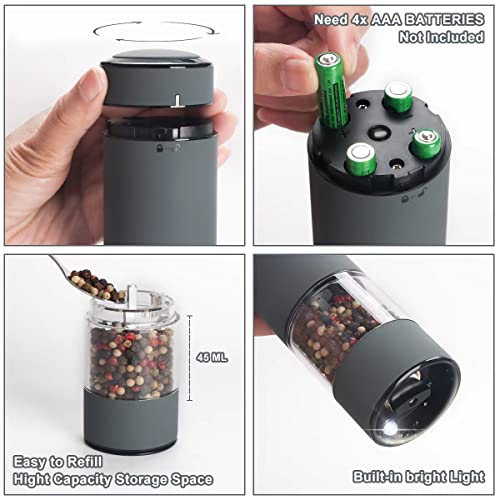 Electric Salt and Pepper Grinder Set, Battery Operated Pepper Grinder, Automatic Salt and Pepper Mill With LED Light, 5 Adjustable Grinding Settings, and Ergonomic One-Handed Operation (Space Gray)