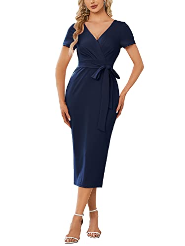 Ever-Pretty Women's Bodycon V Neck Short Sleeves Summer Casual Wedding Guest Dresses Navy Blue S