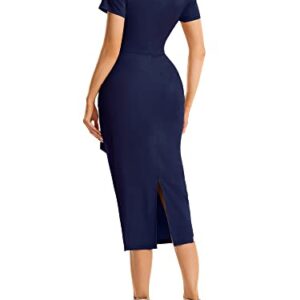 Ever-Pretty Women's Bodycon V Neck Short Sleeves Summer Casual Wedding Guest Dresses Navy Blue S