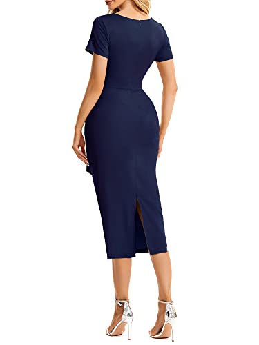 Ever-Pretty Women's Bodycon V Neck Short Sleeves Summer Casual Wedding Guest Dresses Navy Blue S