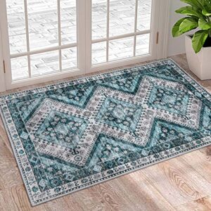 lahome vintage small area rug- 2x3 entryway rug ultra-thin soft kitchen rug non-slip indoor door mat geometric distressed throw carpet washable rugs for entryway bathroom bedroom(2x3ft,blue)